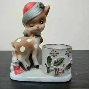 Jasco Little Reindeer Votive Candle Holder Porcelain Bisque Taiwan 1978 Vintage
